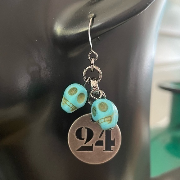 Artisan Jewelry - $10 SALE Handmade Blue Skull Stamped Metal Number Earrings 2” Asymmetric NWT